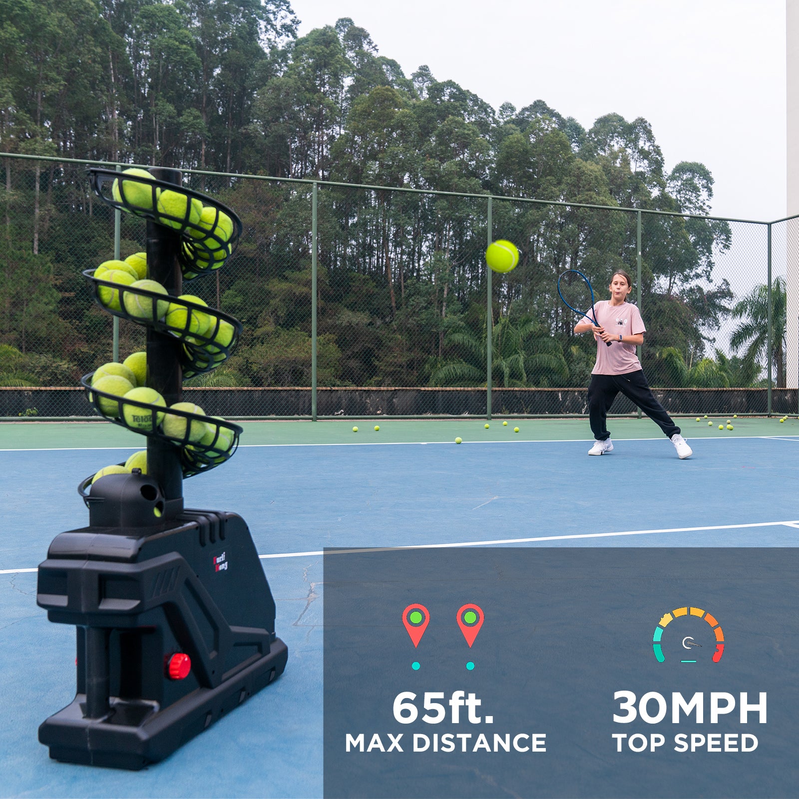 Tennis machine, max distance and top speed