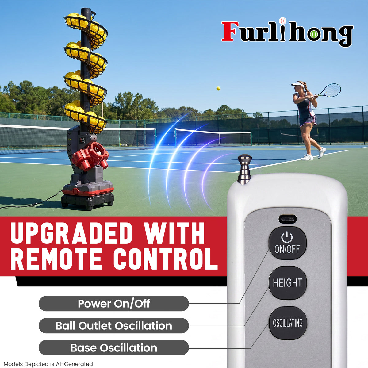 Furlhong automatic pickle ball launcher remote control device shown alongside a tennis court scene with a player and a spiral launcher tower, plus feature callouts for power, height, and oscillation.