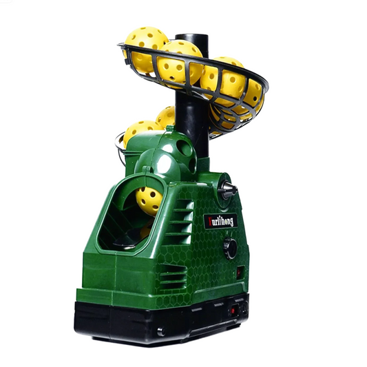 Green pickleball machine with yellow balls on a white background