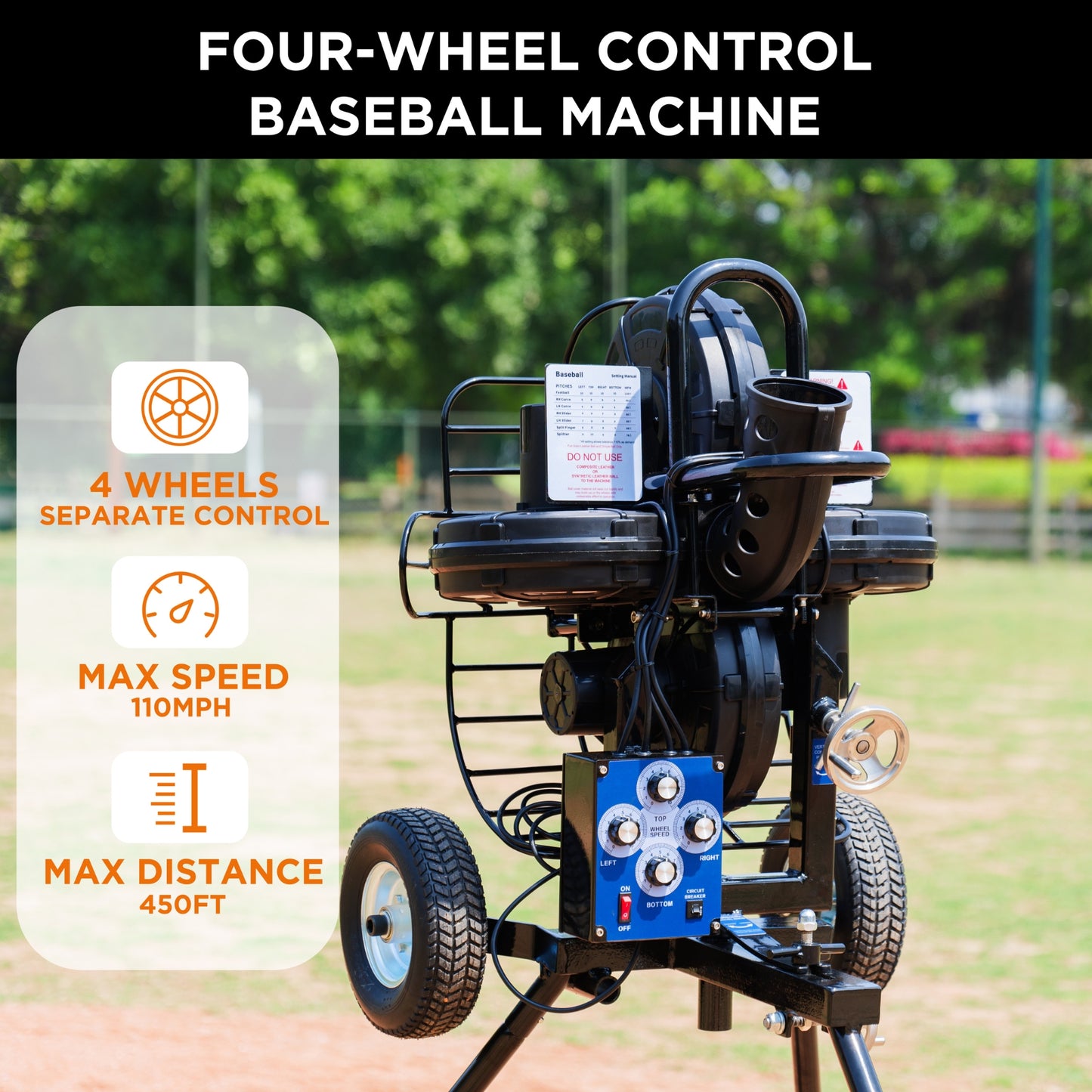 baseball machine; Four wheels to adjust the speed/angle/height