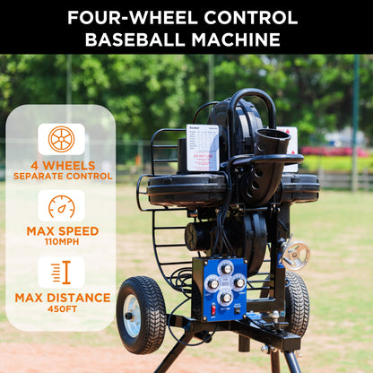 baseball machine; Four wheels to adjust the speed/angle/height